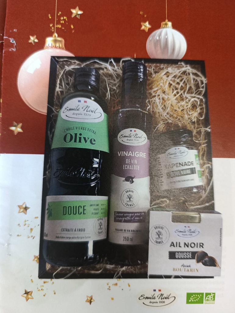 huile d'olive vierge douce 250 ml, vinaigre de vin échalote, ail noire et tapenade d'olive noire