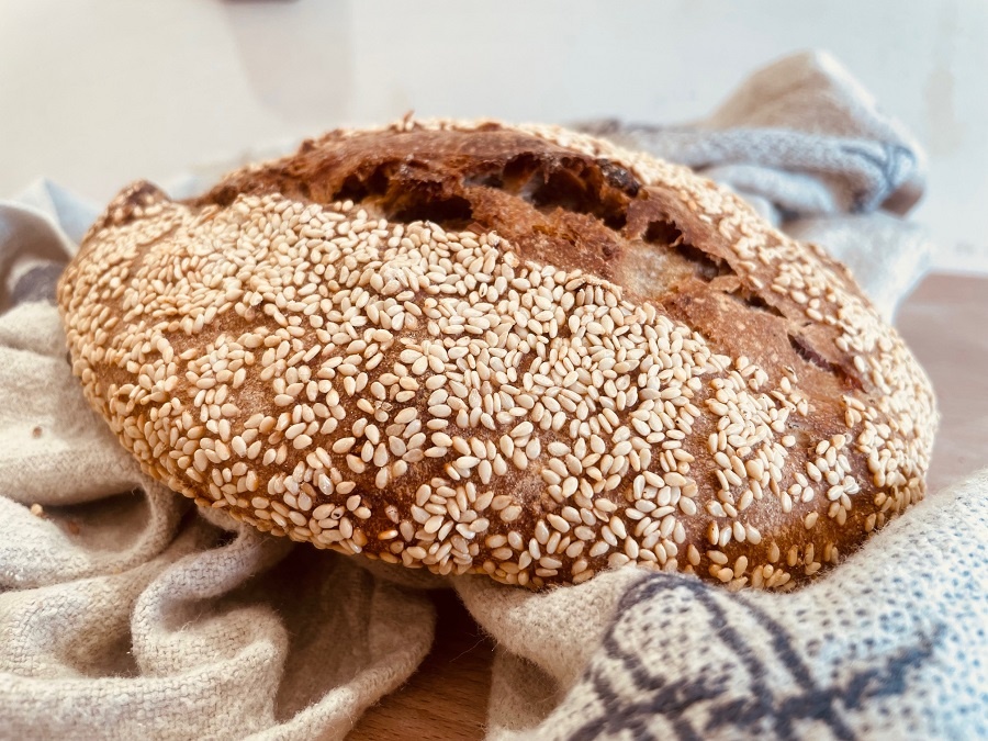 Pain fruité du moment forme batard (levain de seigle 10%, farine bise, amandes torréfiées, canneberge, baies de goji. Topping sésame) 500g