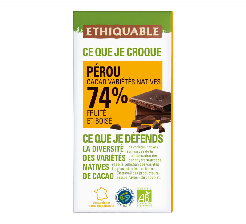 Chocolat noir 74% cacao Pérou BIO 100g