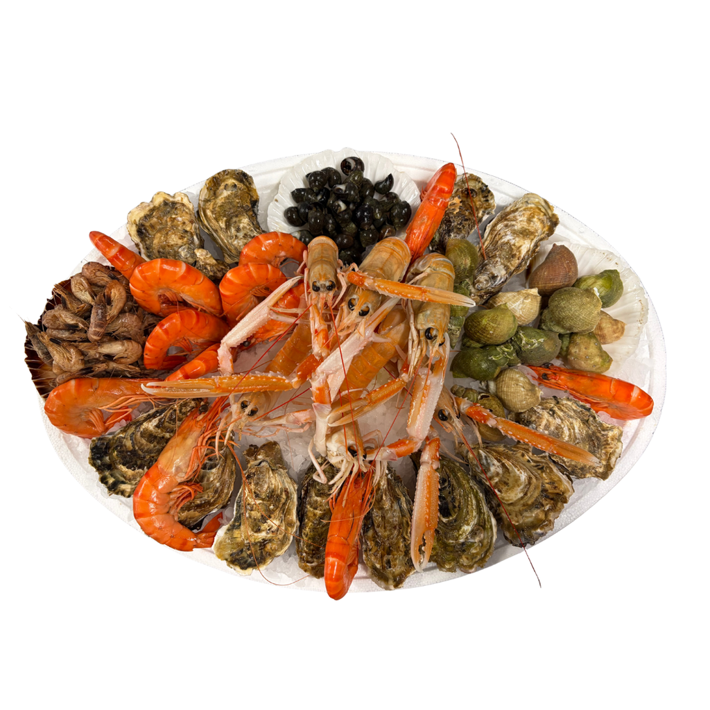 Plateaux fruits de mer classique (6 huitres fines de claires n°3, 1 part de crevettes grises, 1 part de bigorneaux, 6 crevettes roses, 6 langoustines, 6 bulots cuits)