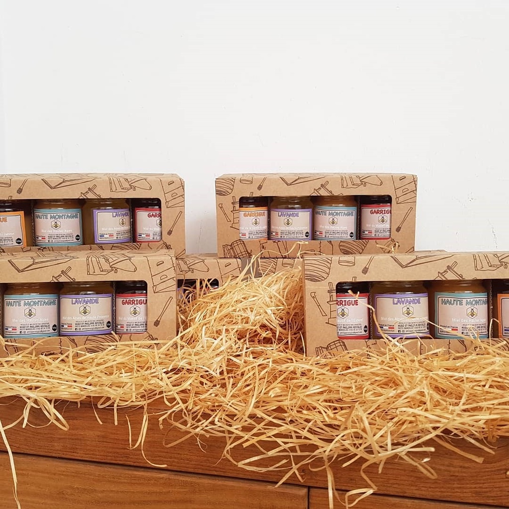 Coffret cadeau en carton, 4 miels différents de 125g sur command