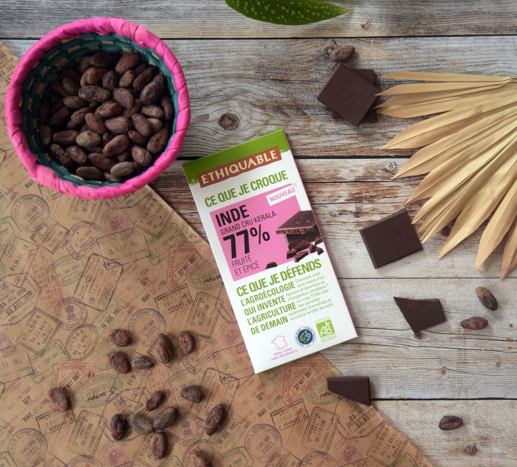 Chocolat noir 77% cacao Inde BIO 100g